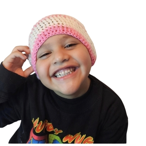 Hand Crafted Knitted beanie Handmade hat white & pink Stripes hand knit pom pom - Picture 1 of 17